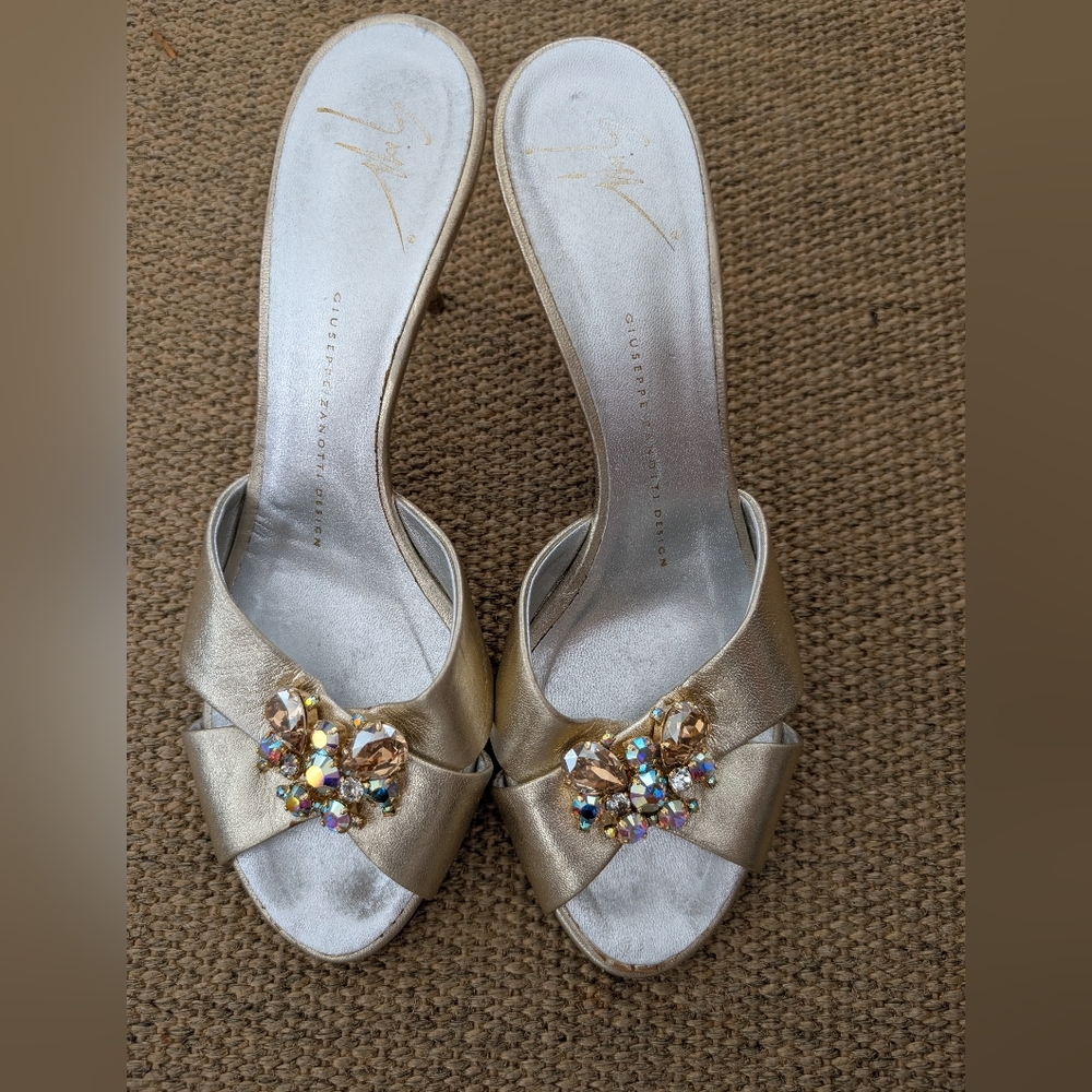 Giuseppe Zanotti Sahara Mule Heel Gold with Crystal Embellishments Size 38